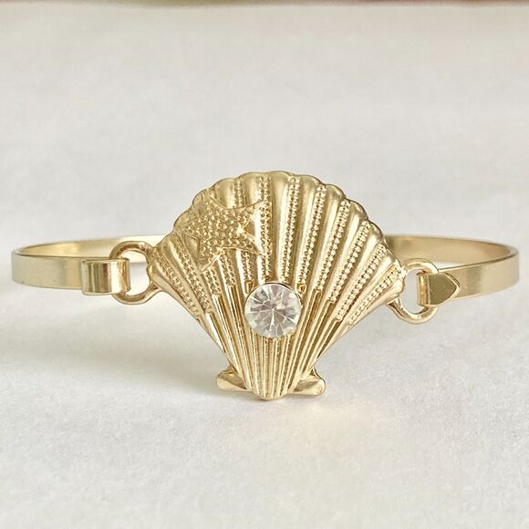 Scallop Sea Shell Bracelet Bangle Nautical Island Beach 7.5" Gold Plated Crystal - Picture 3 of 13